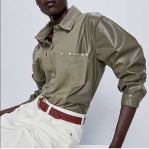Zara green contrasting faux leather coats jacket shacket